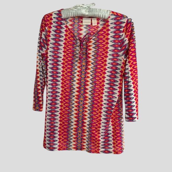 Chico's Colorful Multicolor Tribal Stripe Boho Lightweight 3/4 Sleeve Top - Picture 3 of 12